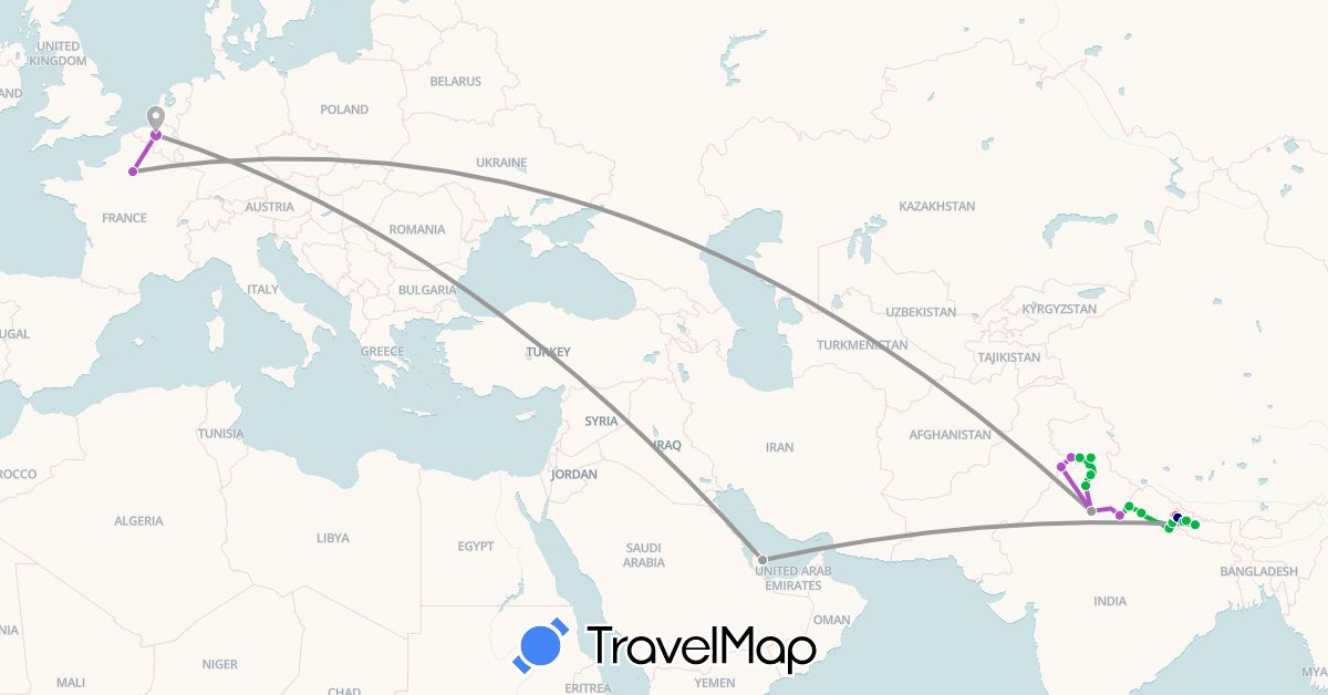 TravelMap itinerary: driving, bus, plane, train, hiking in Belgium, France, India, Nepal, Qatar (Asia, Europe)